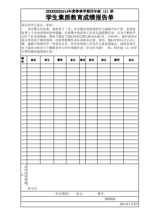 小学成绩单模板