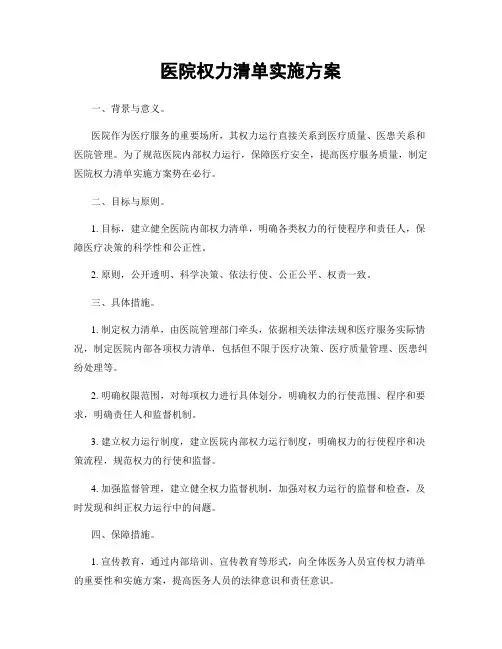 医院权力清单实施方案