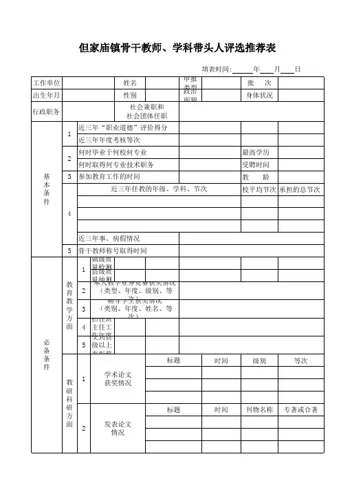 骨干教师、学科带头人评选推荐表