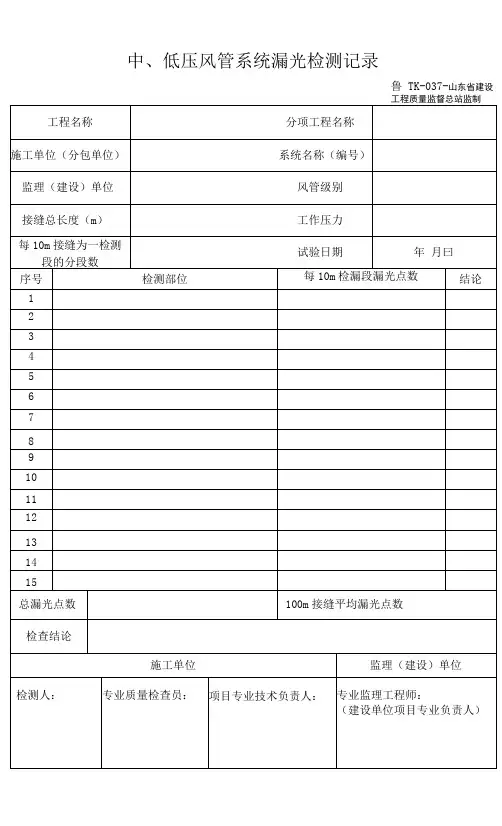 鲁TK-037中、低压风管系统漏光检测记录