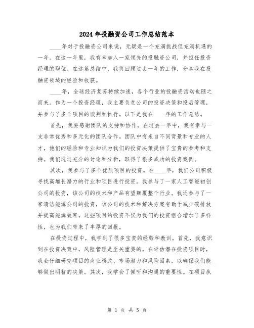 2024年投融资公司工作总结范本(2篇)