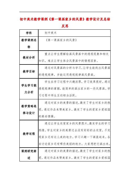 初中美术教学课例《第一课画家乡的风景》课程思政核心素养教学设计及总结反思