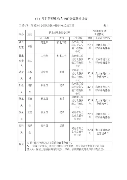 项目管理机构人员配备情况统计表