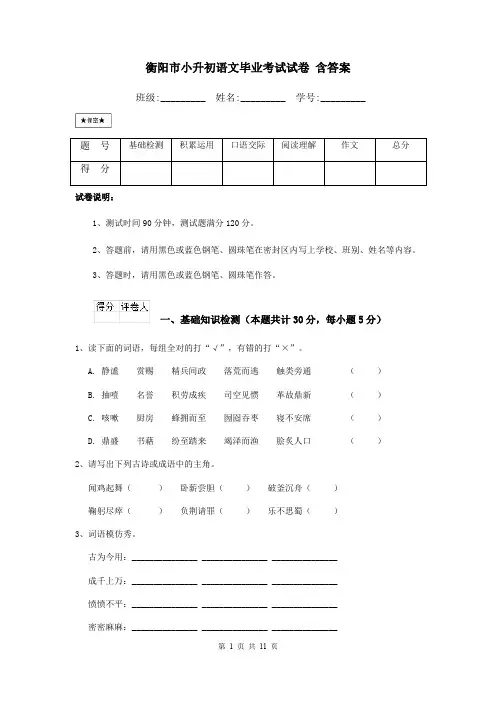 衡阳市小升初语文毕业考试试卷 含答案