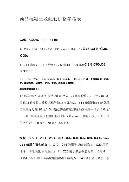 商品混凝土及配套价格参考表