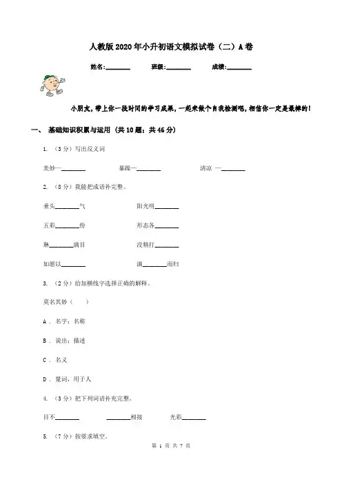 人教版2020年小升初语文模拟试卷(二)A卷