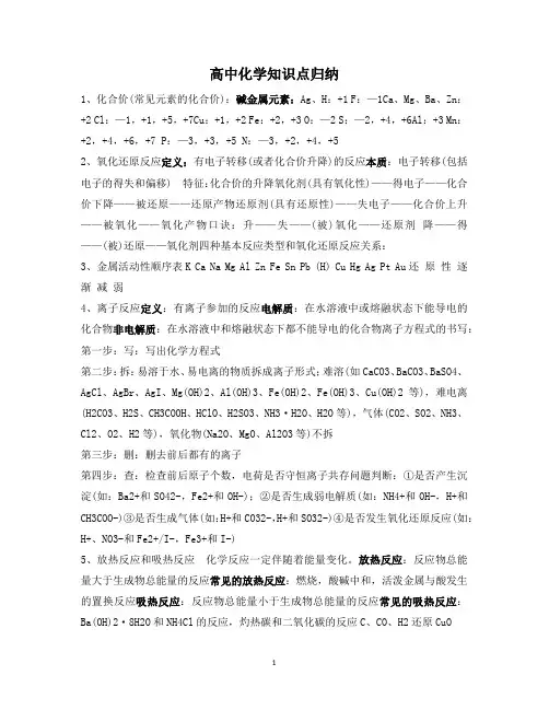 高中化学知识点归纳