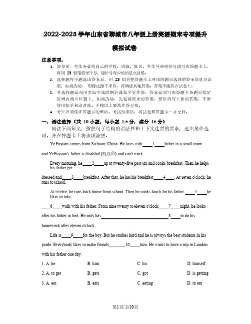 2022-2023学年山东省聊城市八年级上册英语期末专项提升模拟试卷