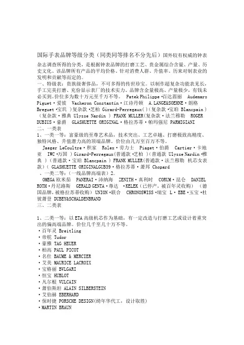 手表品牌等级分类