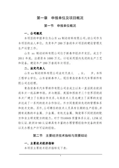 年产200万套刹车片项目可行性论证报告