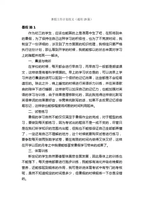 暑假工作计划范文（通用19篇）