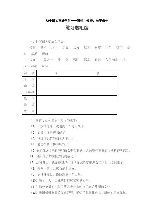 初中语文语法知识词性短语句子成分练习题汇编