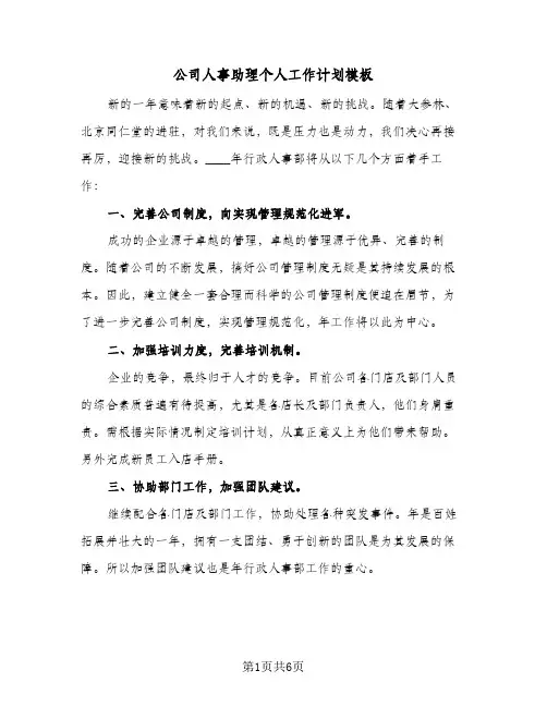 公司人事助理个人工作计划模板(三篇)