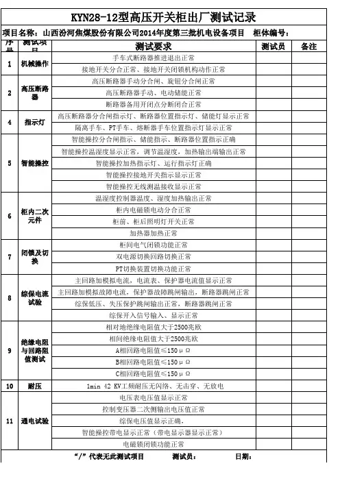 KYN28-12高压柜出厂测试检验记录单通用版
