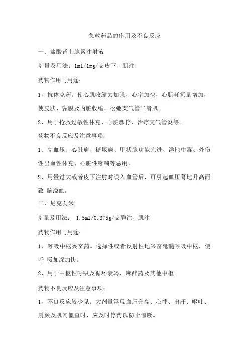 急救药品的作用及不良反应
