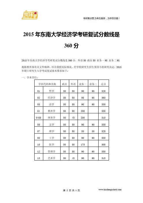 2015年东南大学经济学考研复试分数线是360分