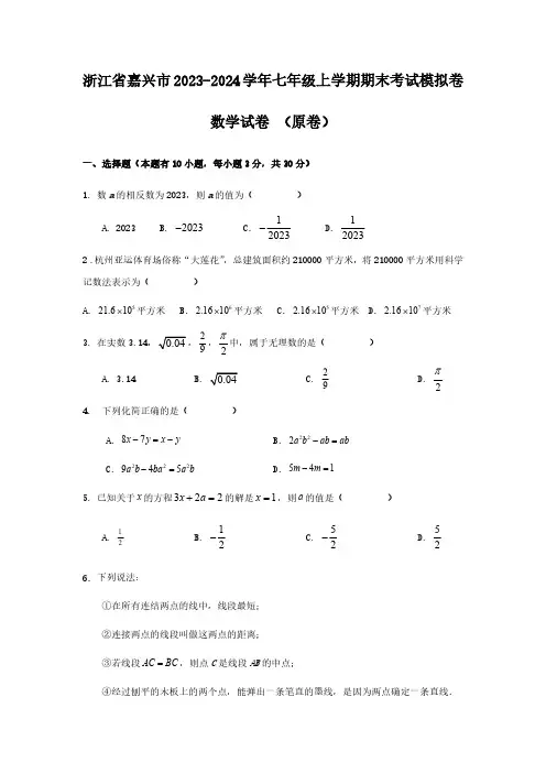 浙江省嘉兴市2023-2024学年七年级上学期期末考试模拟卷数学试卷 (原卷+解析卷)