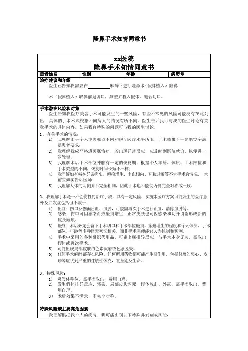 隆鼻手术知情同意书模板