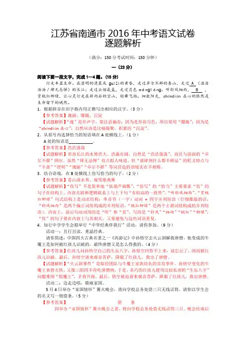 江苏省南通市2016年中考语文试题(word版,含解析)
