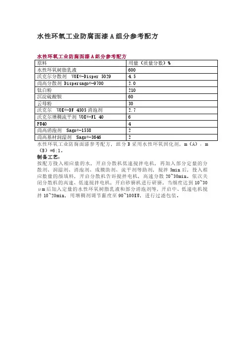 水性环氧工业防腐面漆A组分参考配方
