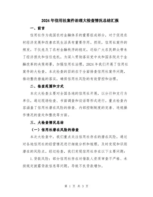 2024年信用社案件治理大检查情况总结汇报