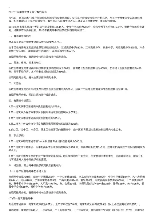 2016江苏南京中考录取分数线公布