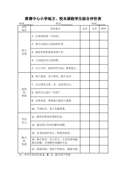 地方、校本课程学生综合评价表
