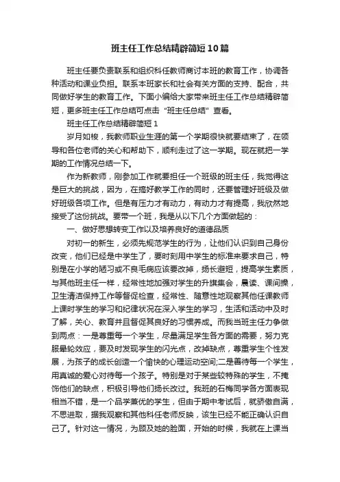 班主任工作总结精辟简短10篇