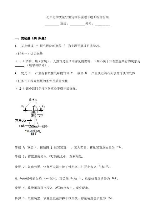 初中化学质量守恒定律实验题专题训练含答案
