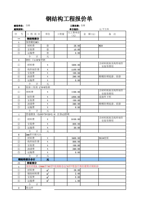仓储钢结构预算书(含计算公式)