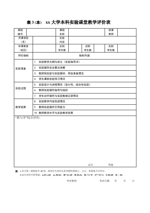 实验课堂教学评价表