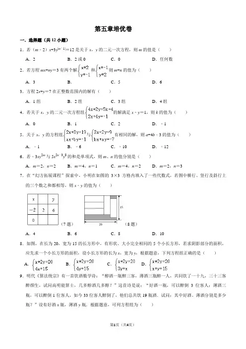 第五章二元一次方程组培优卷2024-2025学年北师大版数学八年级上册+