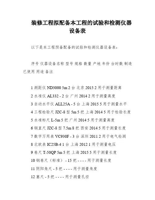 装修工程拟配备本工程的试验和检测仪器设备表