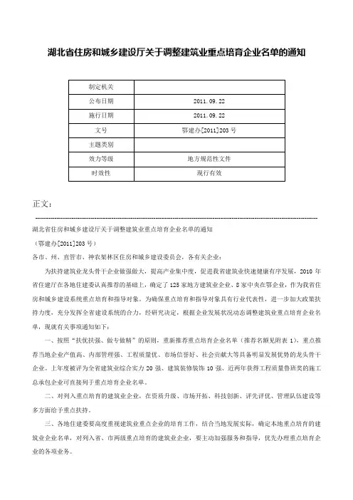 湖北省住房和城乡建设厅关于调整建筑业重点培育企业名单的通知-鄂建办[2011]203号