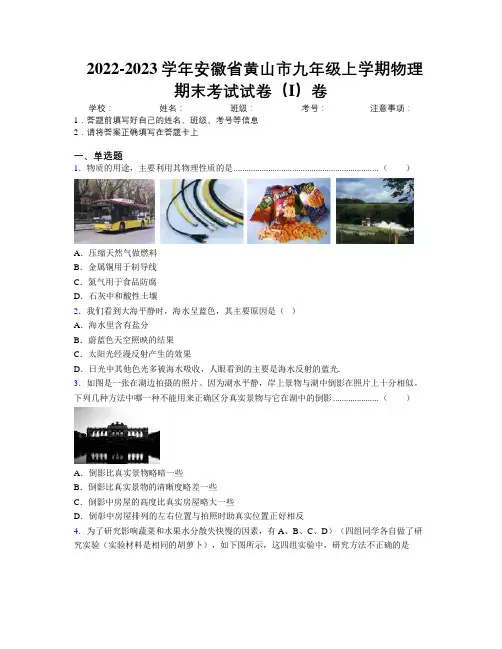 最新2022-2023学年安徽省黄山市九年级上学期物理期末考试试卷(I)卷及解析