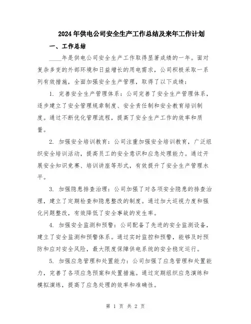 2024年供电公司安全生产工作总结及来年工作计划