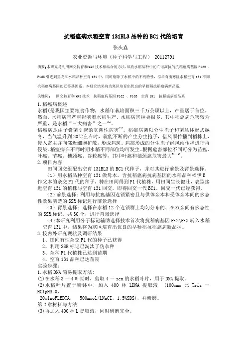 抗稻瘟病水稻空育131BL3品种的BC1代的培育
