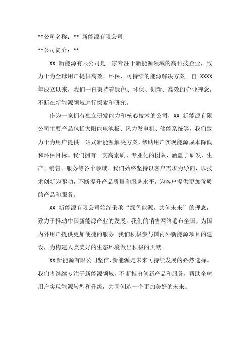 新能源公司简介模板范文