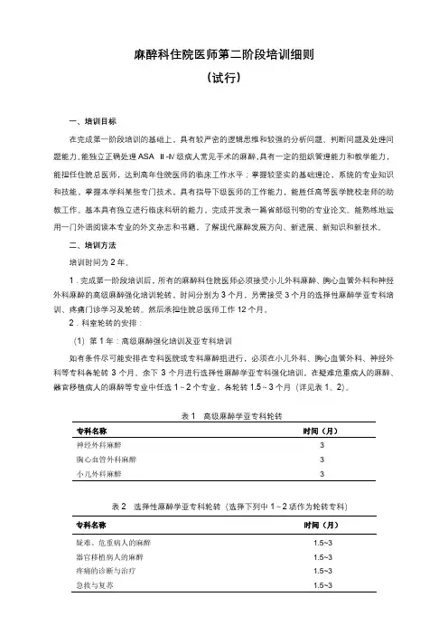麻醉科住院医师第二阶段培训细则【模板】
