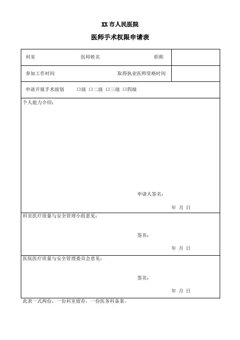 医师手术权限申请表+手术医师资质考核表+定期能力评价与再授权表