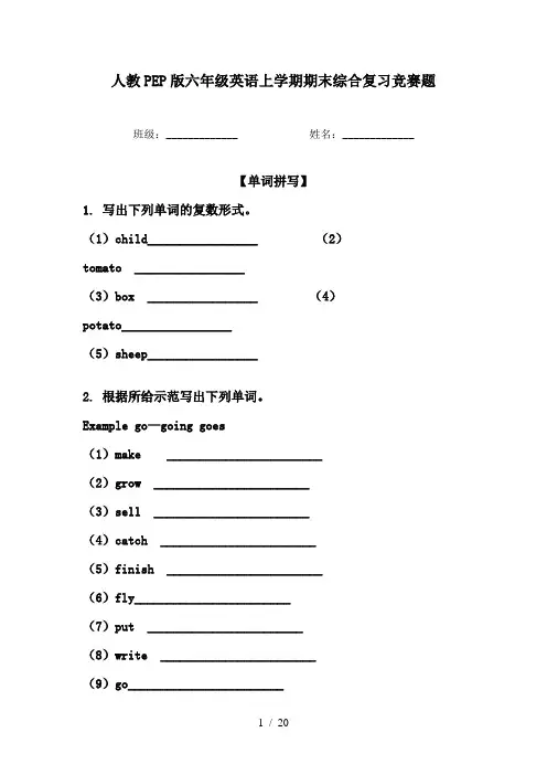 人教PEP版六年级英语上学期期末综合复习竞赛题
