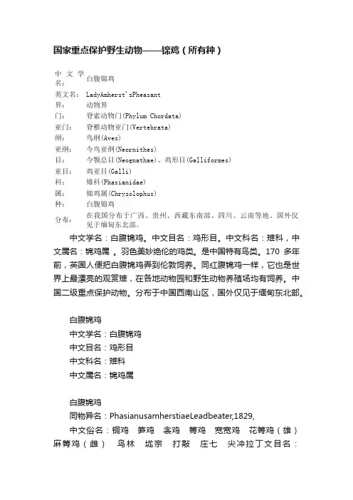 国家重点保护野生动物——锦鸡（所有种）