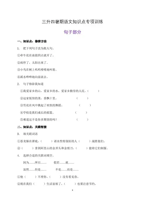 三升四暑期语文知识点专项训练 句子部分 有答案