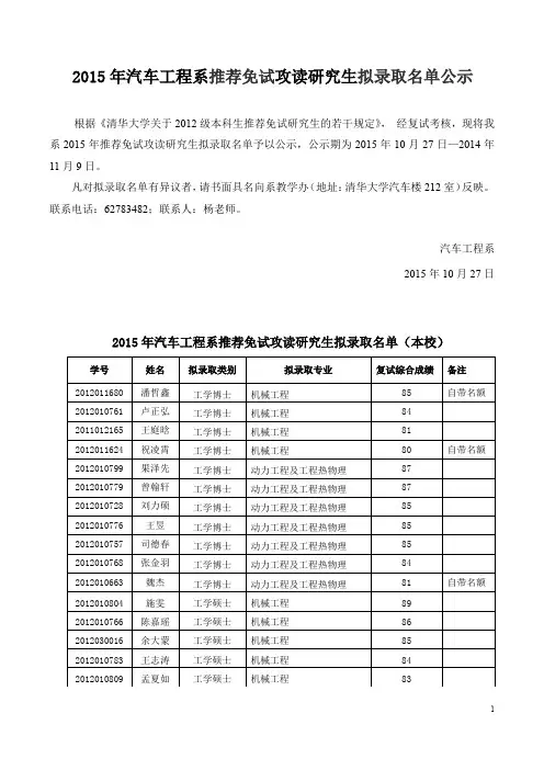 2015 年清华大学汽车工程系推荐免试攻读研究生拟录取名单公示