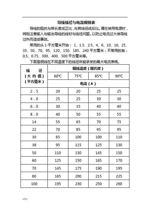 导线线径与电流规格表