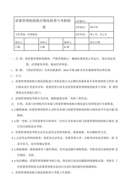 新版GSP要求-质量管理制度执行情况检查与考核制度