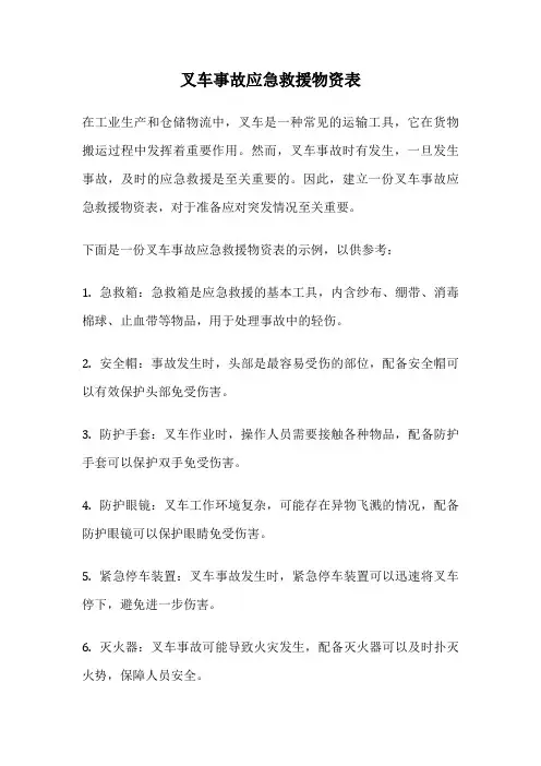 叉车事故应急救援物资表