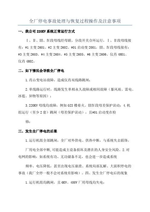 全厂停电事故处理与恢复过程操作及注意事项