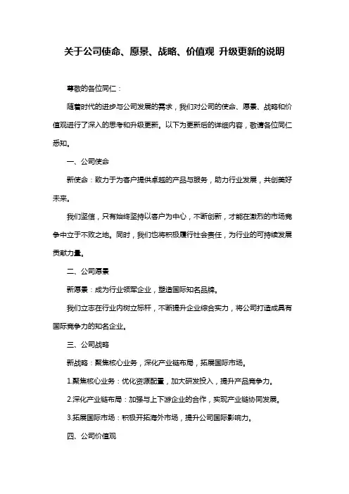 关于公司使命、愿景、战略、价值观 升级更新的说明