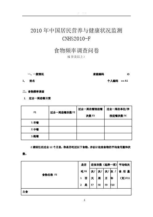 (400份)食物频率调查问卷(F表)